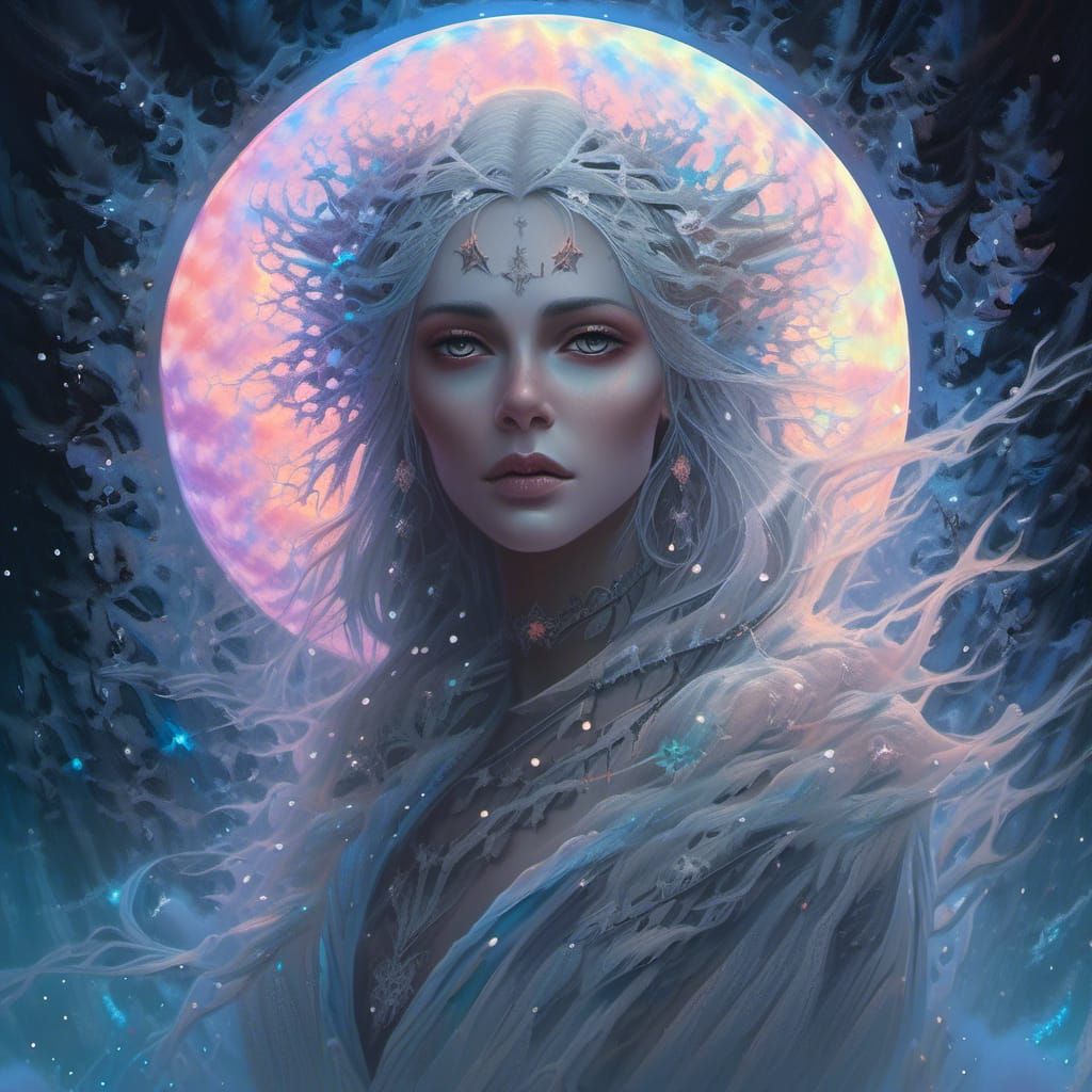 Glowing Wispy Mage Casting Magic Under Bioluminescent Moon