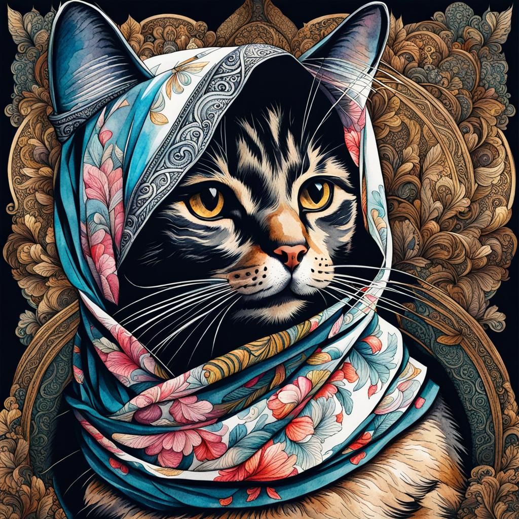 Charming Babushka Cat Portrait in Watercolor and Ink