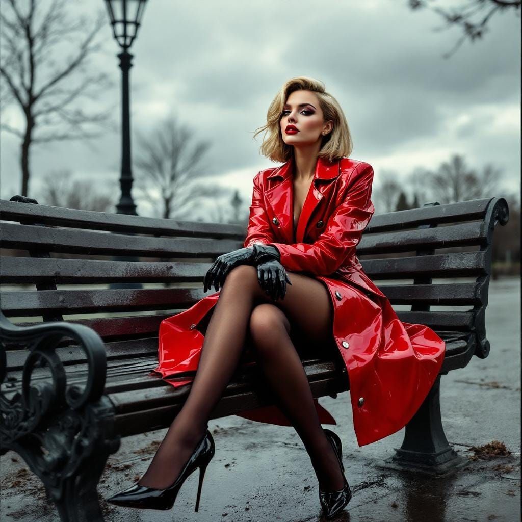 Woman in Red Raincoat on Park Bench
