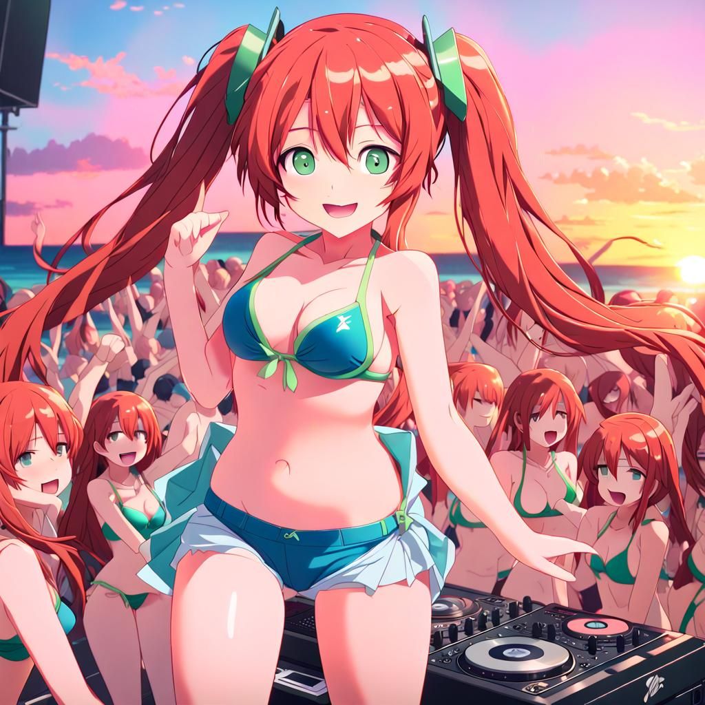 Miku on DJ Stage at Sunset in Anime Style