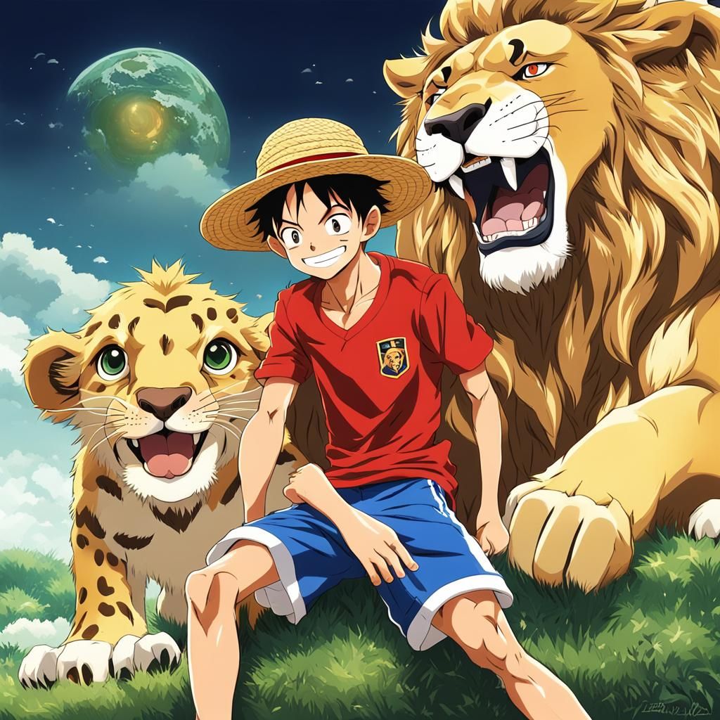 Luffy, Cristiano Ronaldo, and a Lion in Anime Style