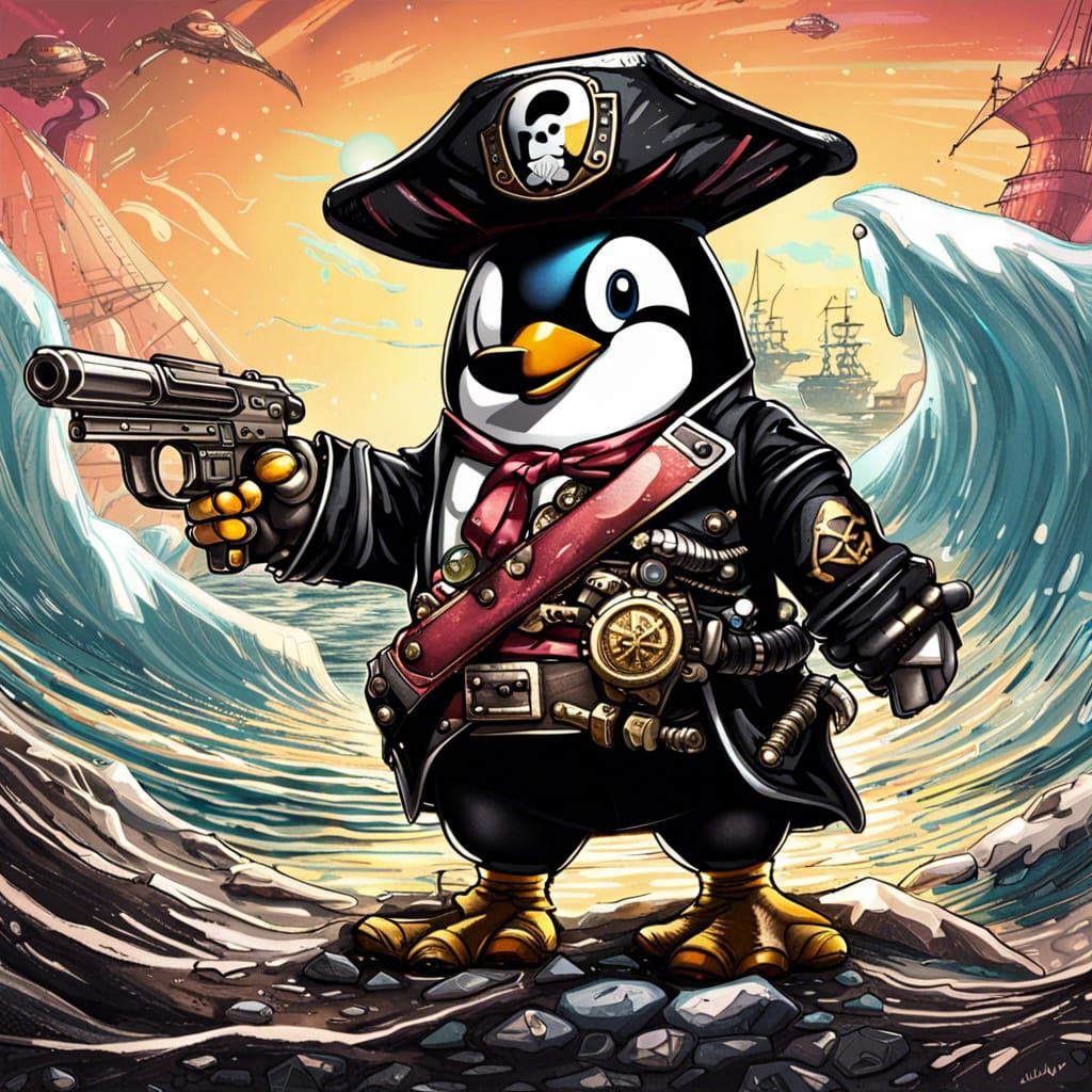 Pirate Tux Penguin with Kirby Gun on Cyber Islands