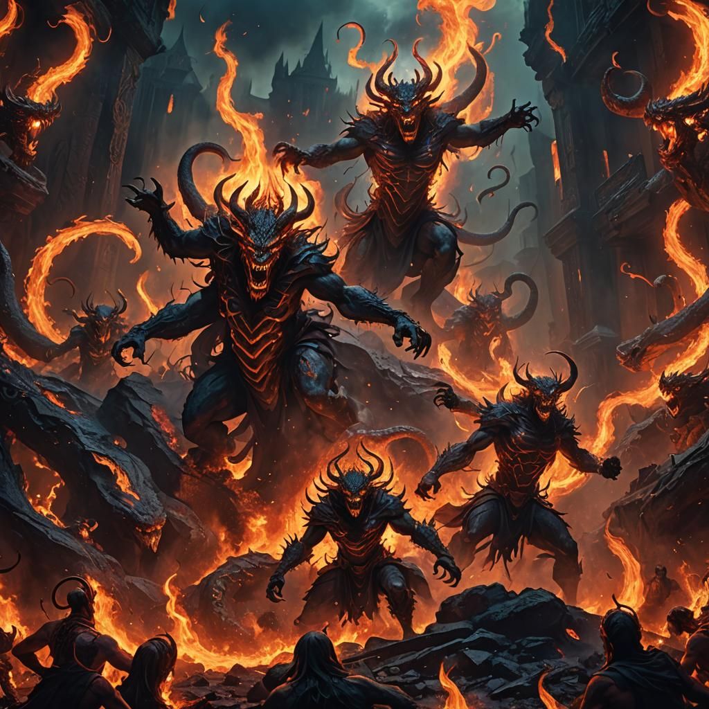 Demons Dancing in Fiery Abyss: Dark Fantasy Art