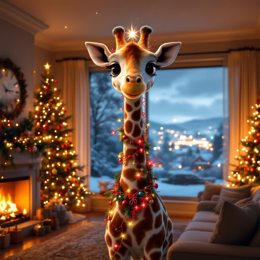Christmas Giraffe in Cozy CGI Living Room