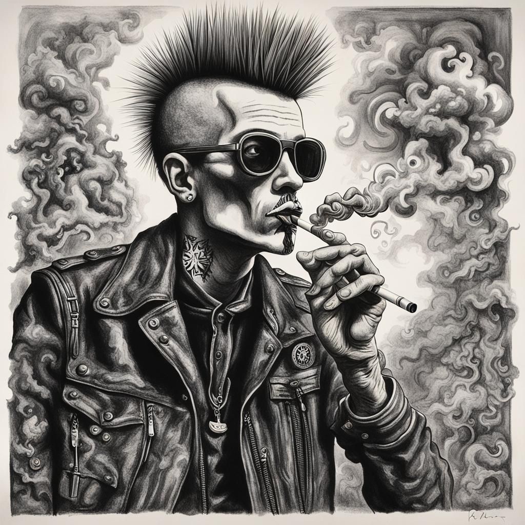surreal ( drawing )of a punk man smoking a blunt