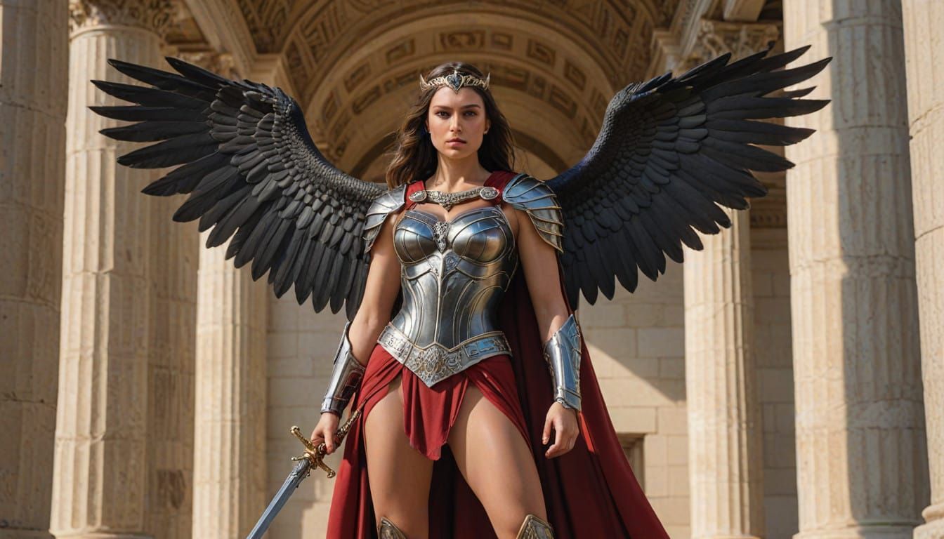 Classical Warrior Goddess in Golden Armor, Surrounded by Ant...