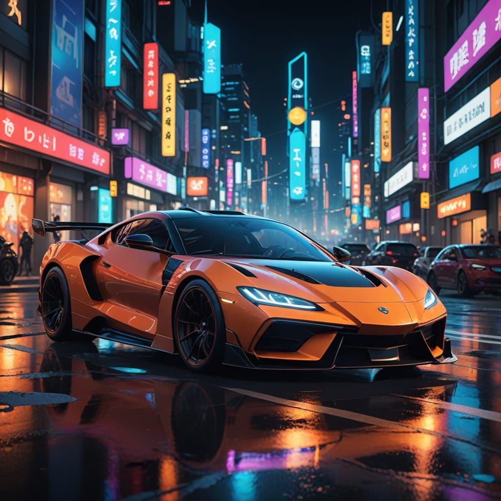 Neon-Lit Sports Car Speeds Down Futuristic Highway at Night