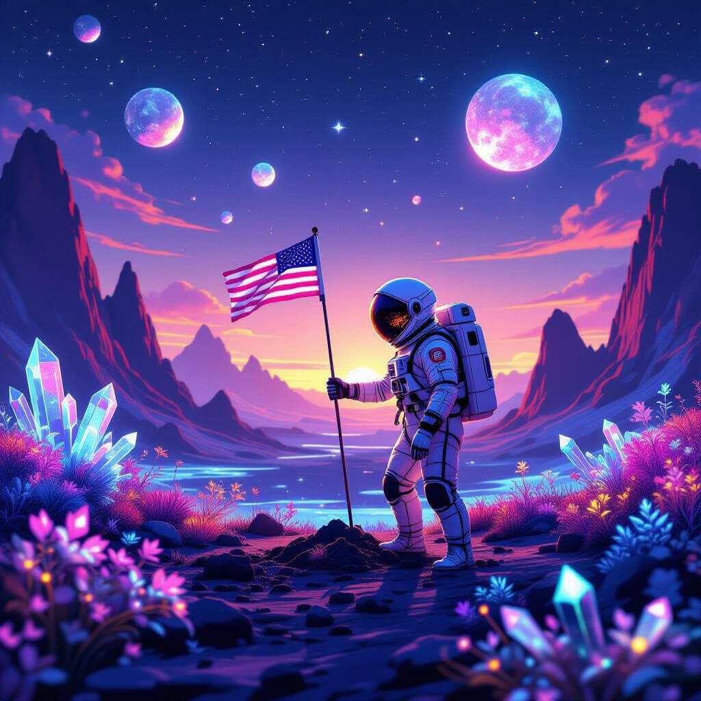 Astronaut Plants Flag on Alien Planet in Festival of Lumina