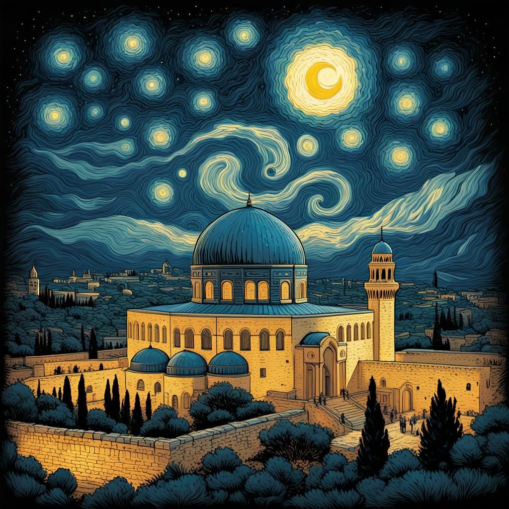 Al-Aqsa Mosque Starry Night in Van Gogh Style