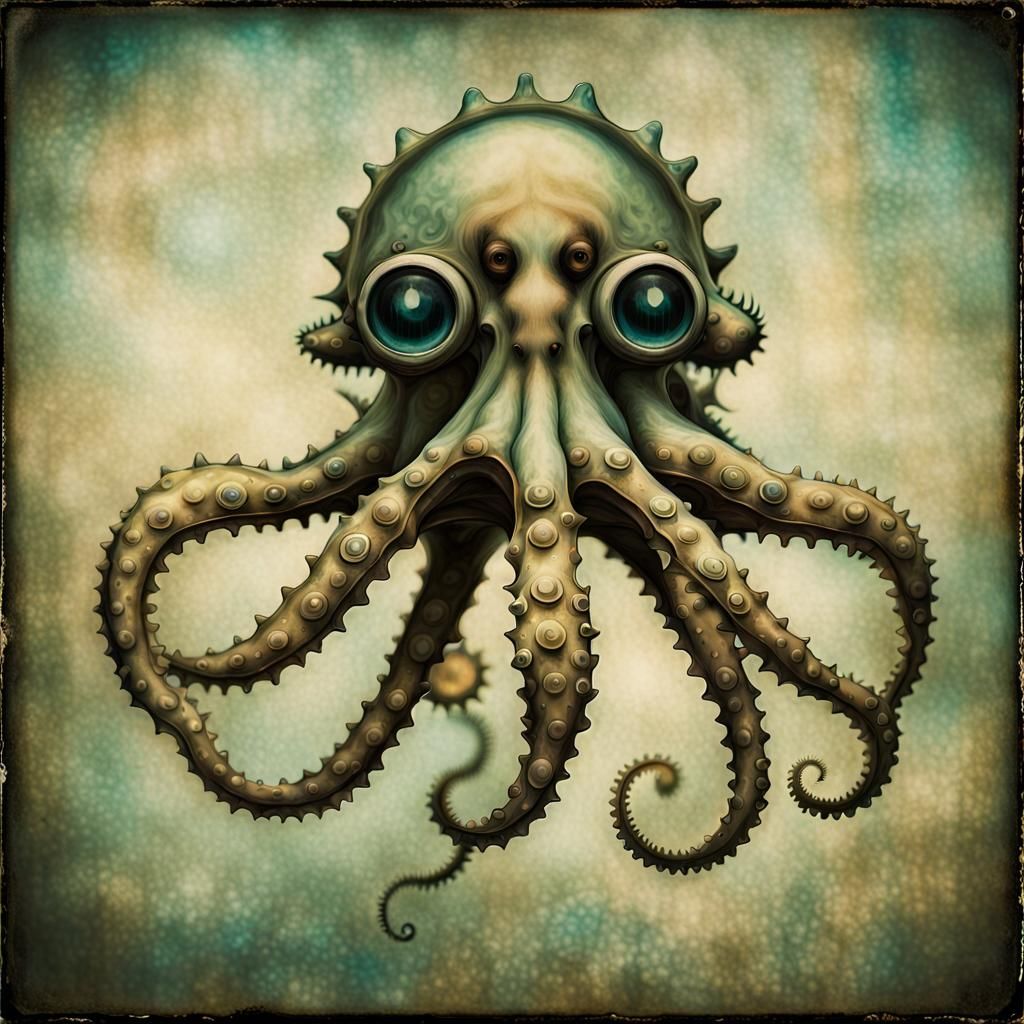 Steampunk Alien Octopus with Iridescent Scales