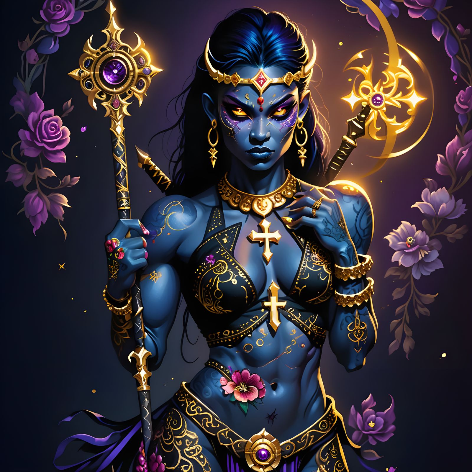 Dark Fabric Devi with Glowing Eyes and Floral Tattoos in Cos...