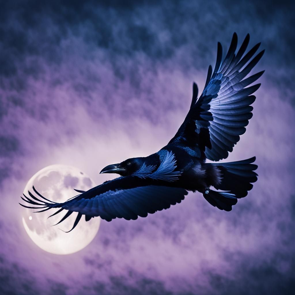 Raven in Flight Against Misty Moonlit Sky