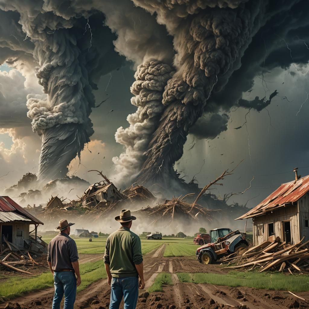 Hyperrealistic Tornado Devastates Farm, Farmer Watches