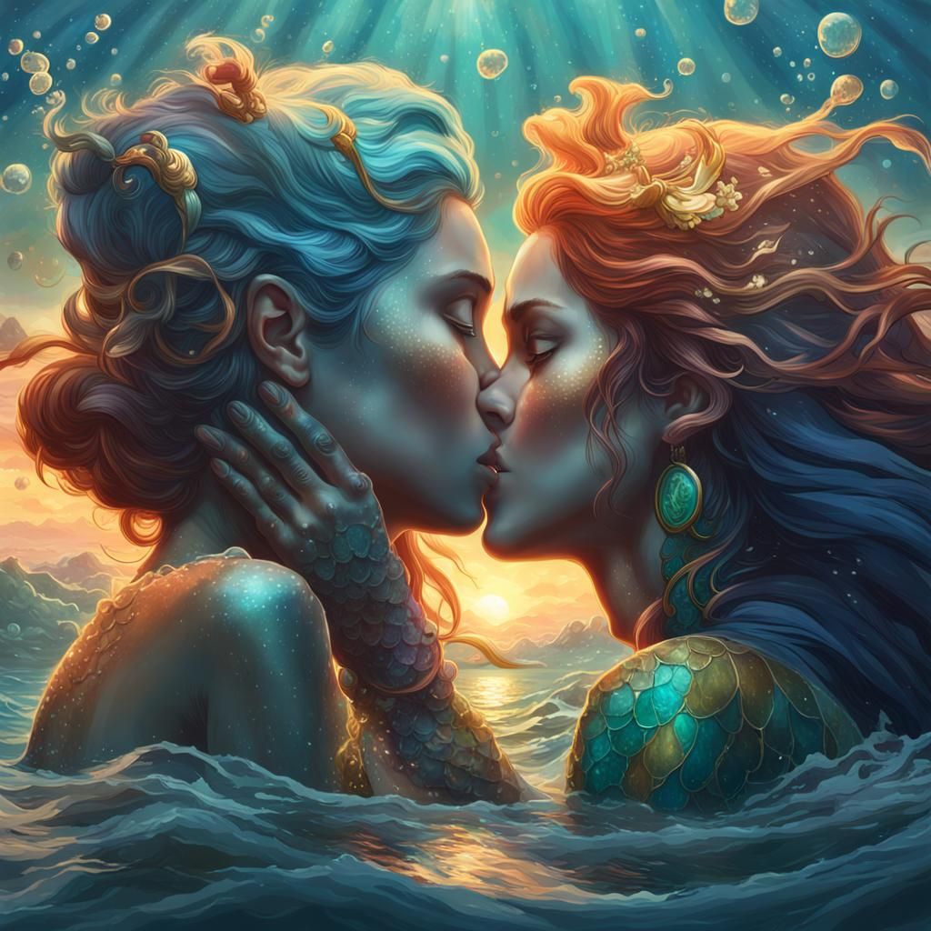 Mermaids Kissing in Ocean, Hyperdetailed Splash Art