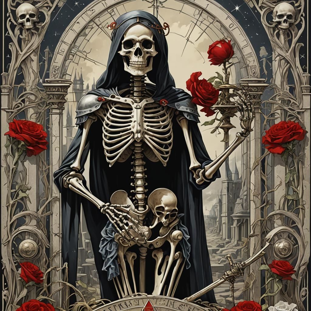 Justice Tarot Card: Themis Skeleton in Esoteric Style