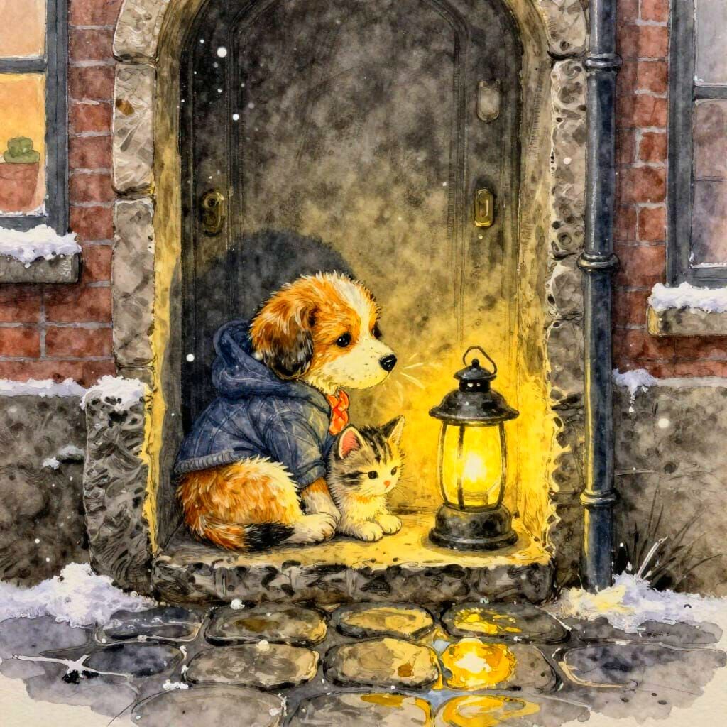 Cozy Urban Puppy and Kitten in Alleyway