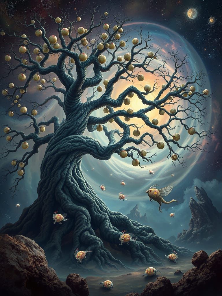 Ancient Nebula Tree With Crystalline Fruits and Ethereal Cre...