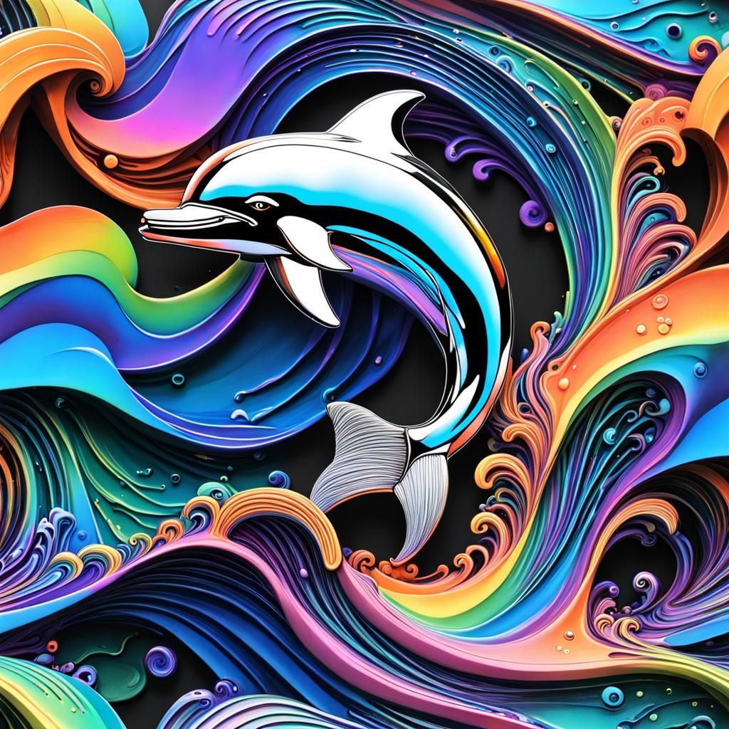 Chrome Dolphins in Rainbow Waves, Graffiti Art