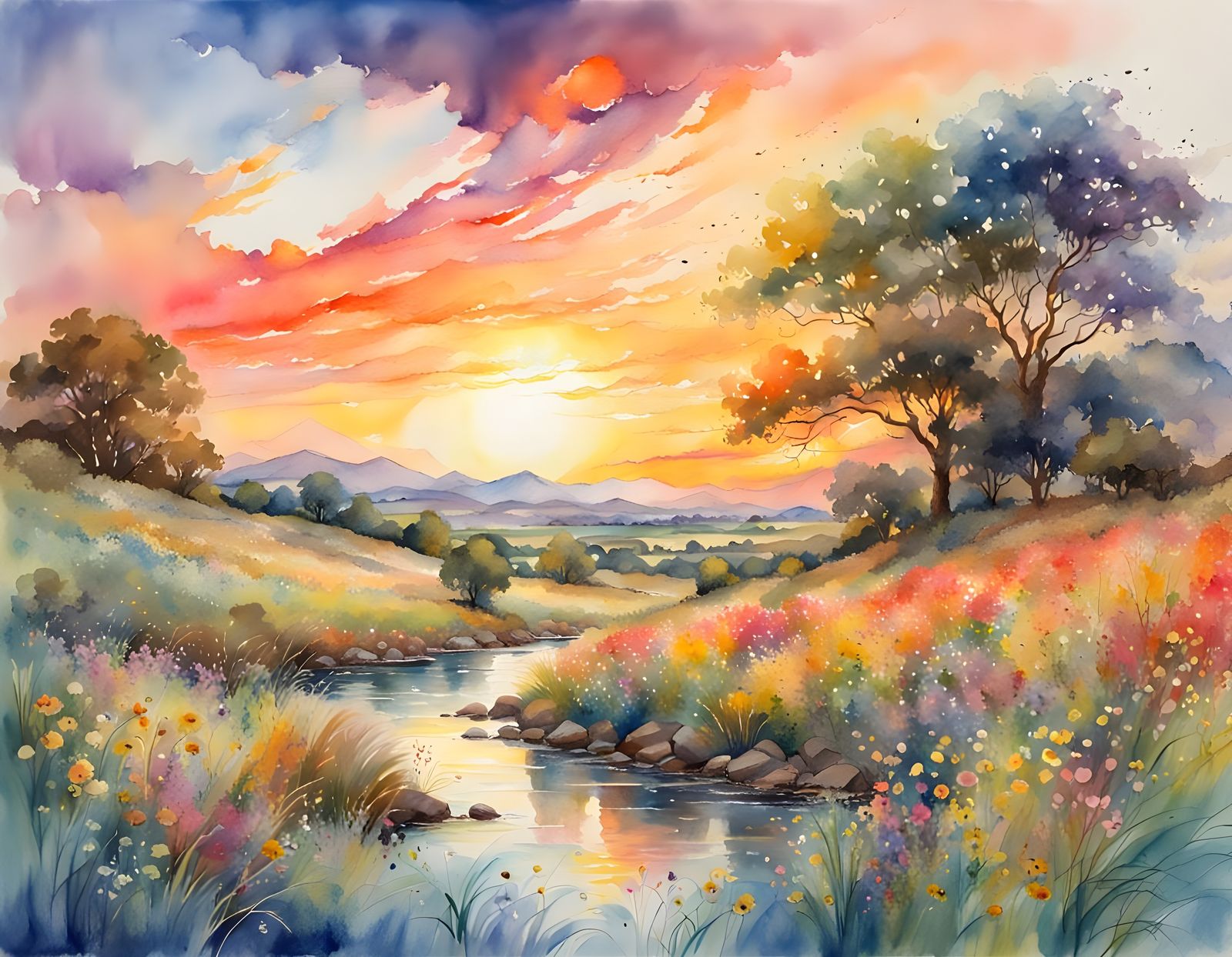 Surreal Watercolour Sunset in Vibrant Pastel Hues