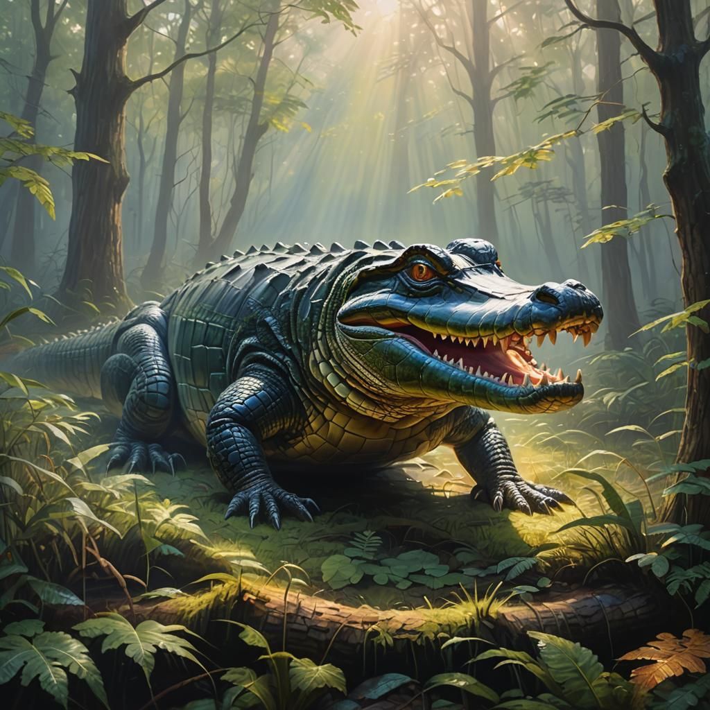Alligator in Foggy Forest: Dreamlike Oil Painting
