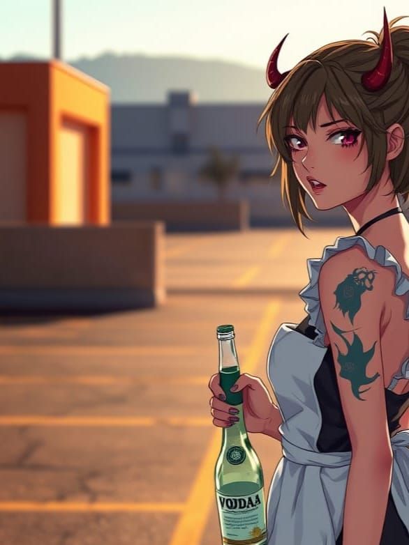 Emo Maid with Horns and Tattoo in Bright Morning Light