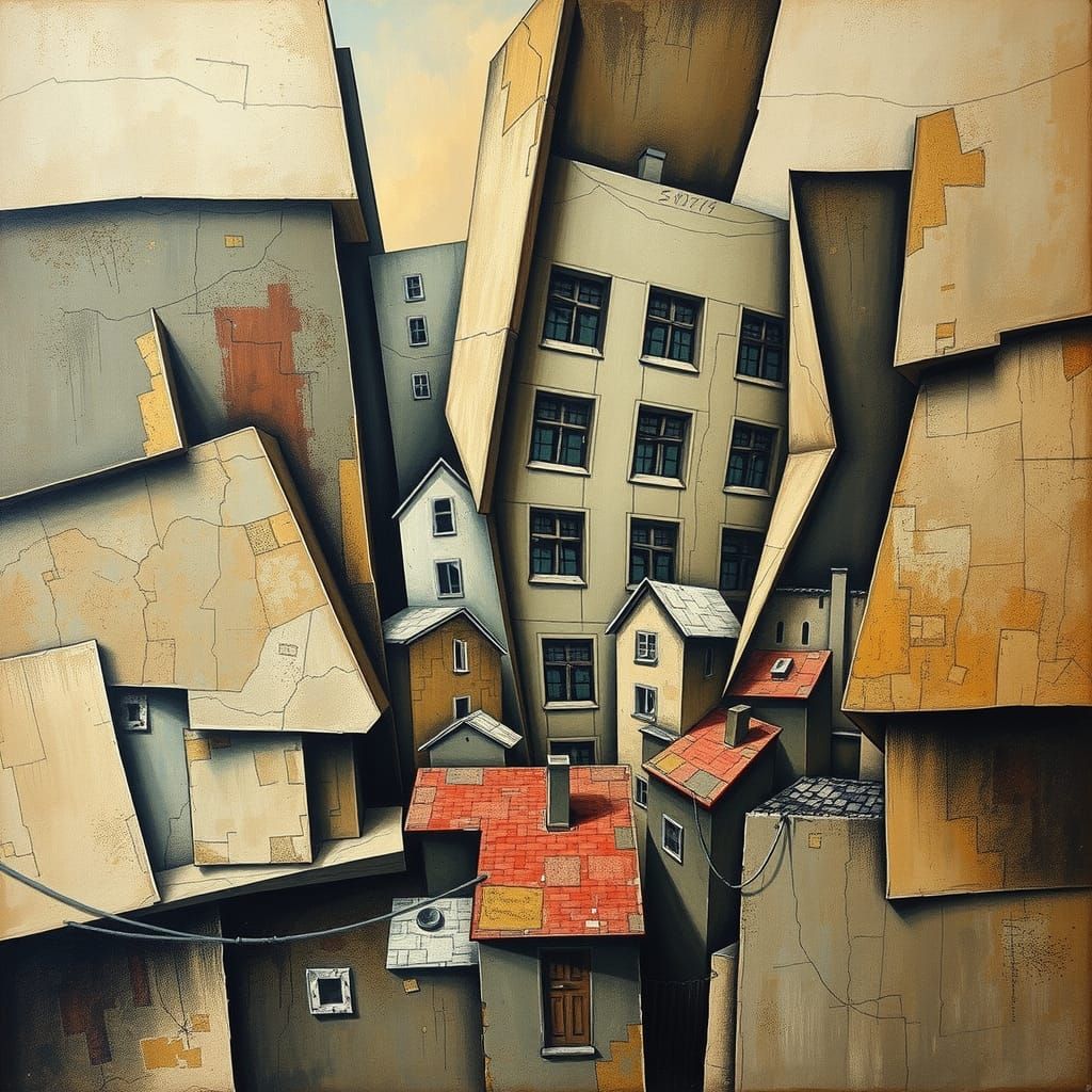 Abstract Cubist Cityscape with Geometric Shapes