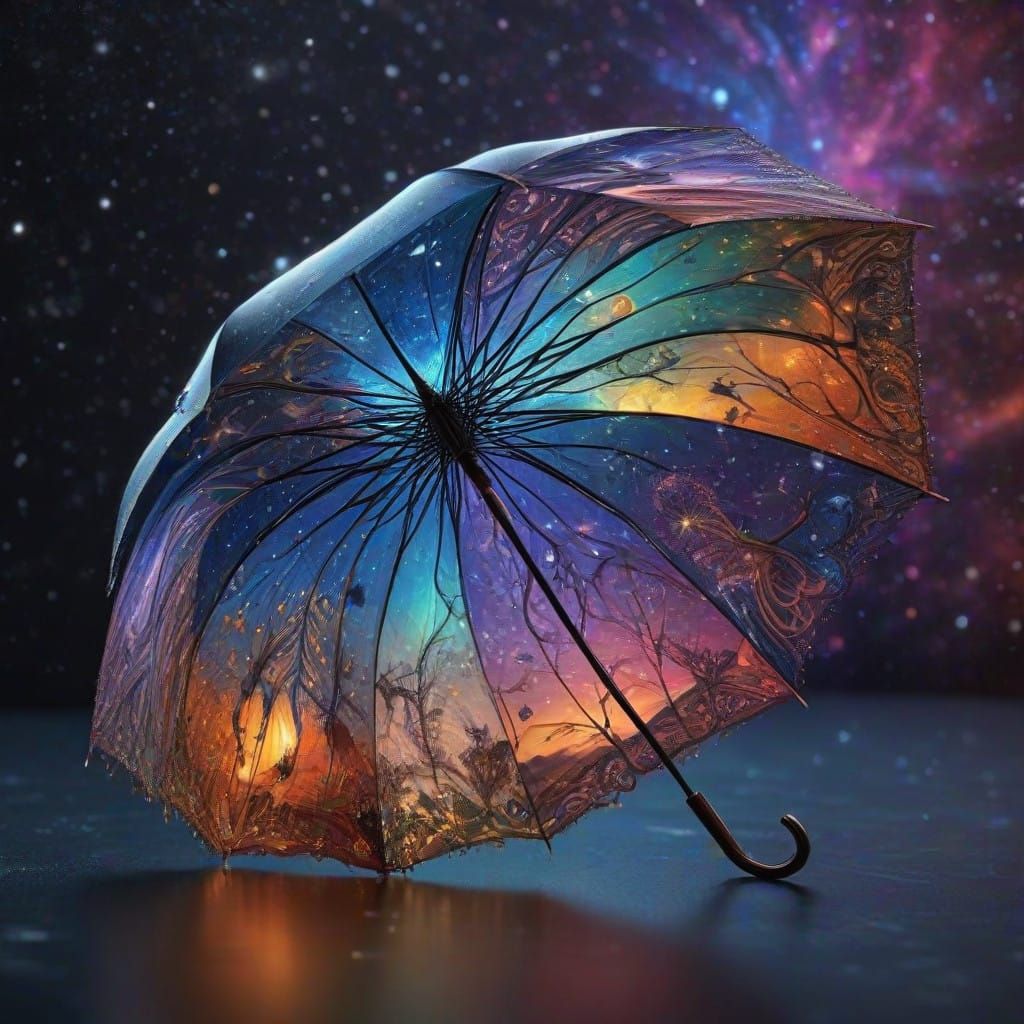 Whimsical Cosmic Scene with Vibrant Seven-Coloured Umbrella