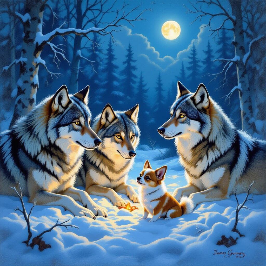 Chihuahua Befriends Wolves in Snowy Forest Oil Painting