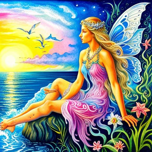 Fairy with Blonde Hair Watching Ocean Waves