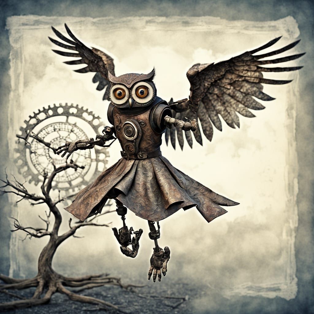 Steampunk Owl with Clockwork Gears on Apple Tree Branch