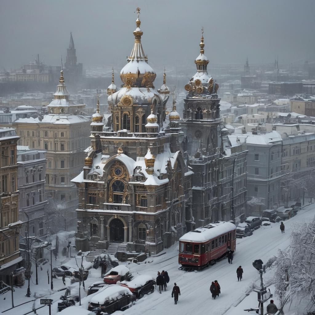 Snowy Steampunk Metropolis with Imperial Decorations