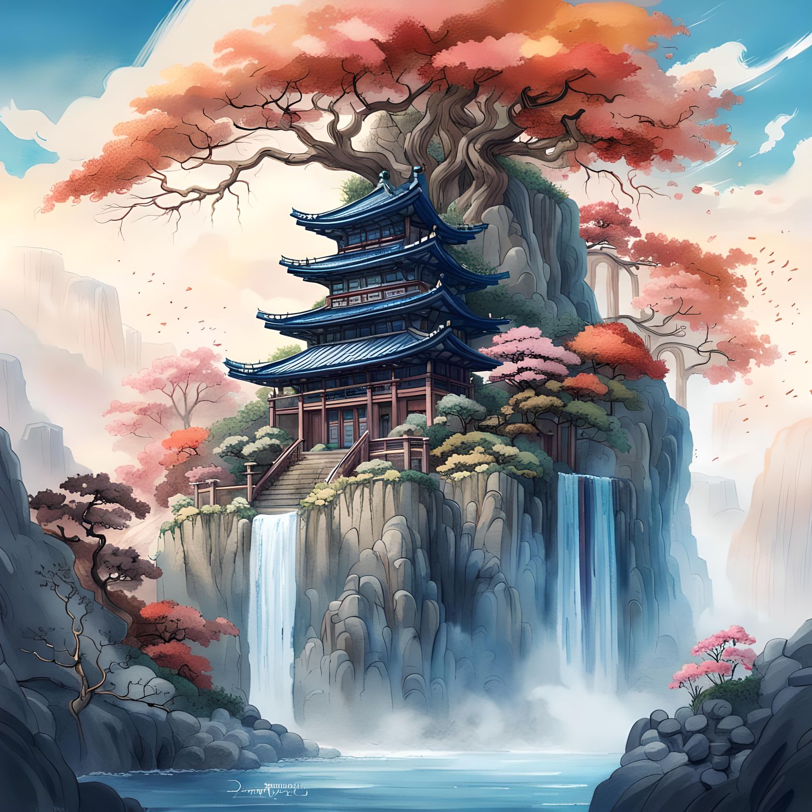Cliffside Japanese Temple with Waterfall in Matte Painting S...