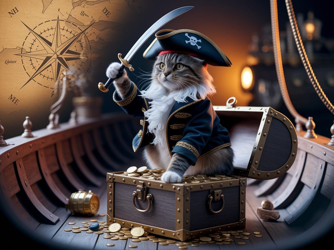 Dignified Feline Pirate with Treasure Chest