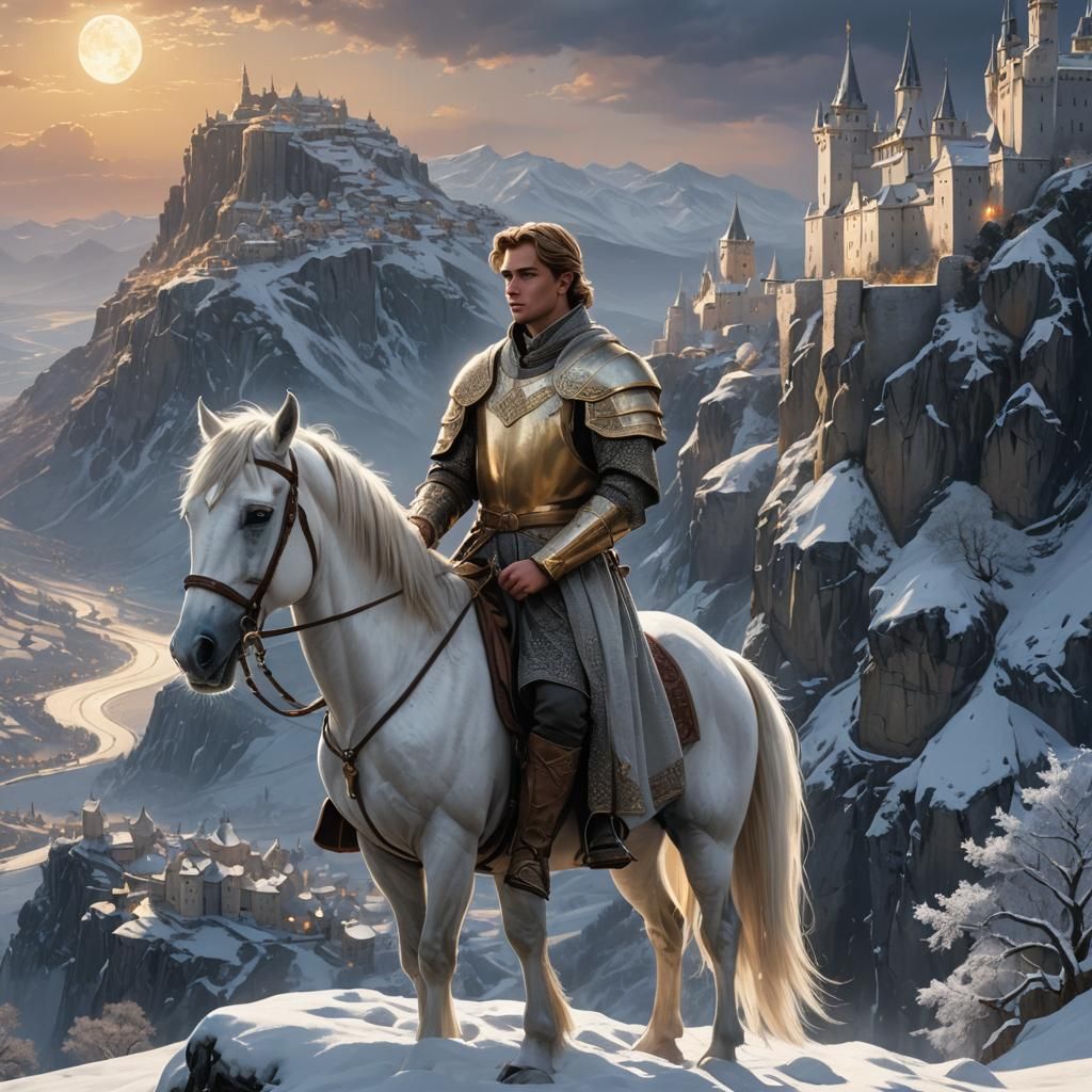 King and Horse Contemplate Snowy Horizon