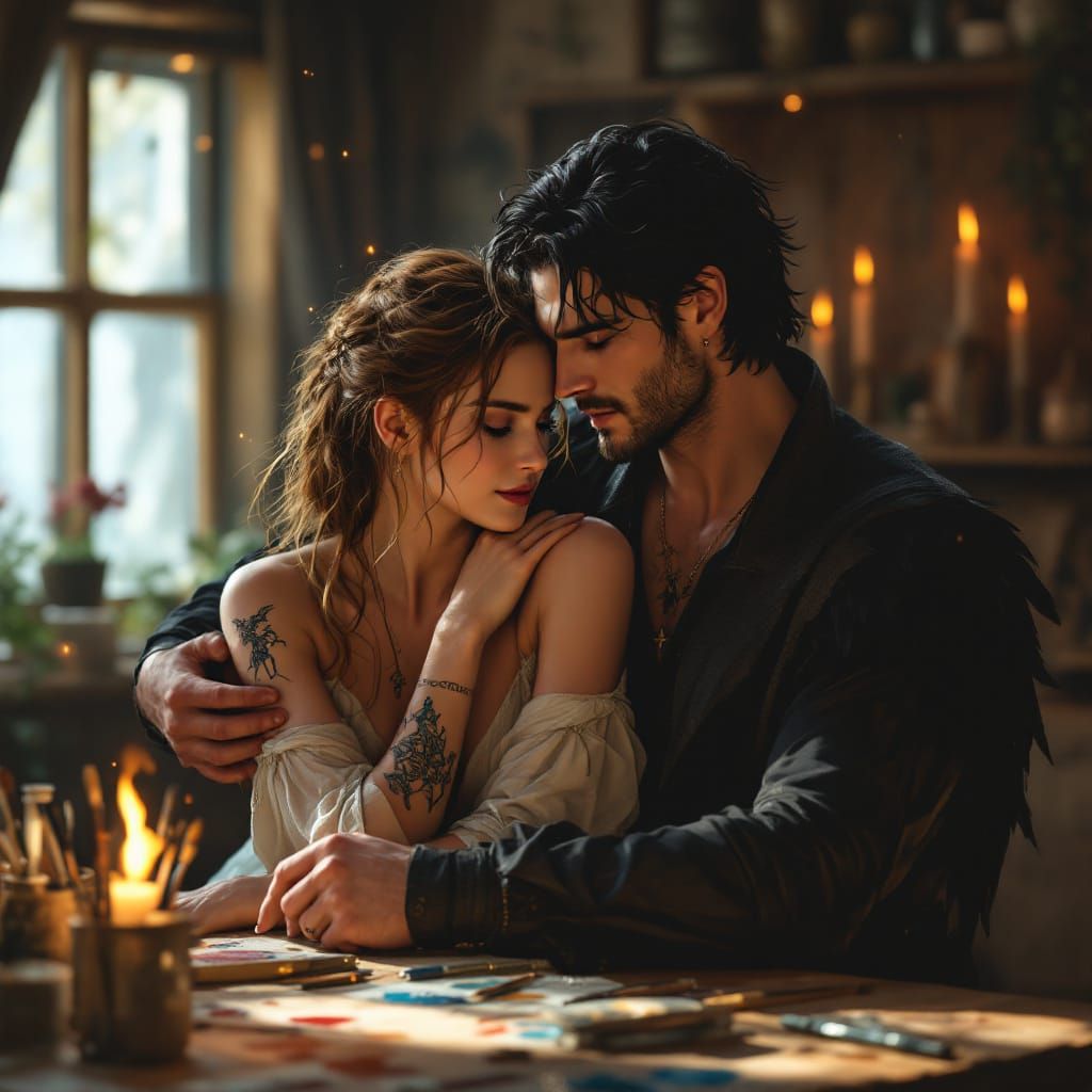 Intimate Moment Between Feyre and Rhysand in Cozy Cabin