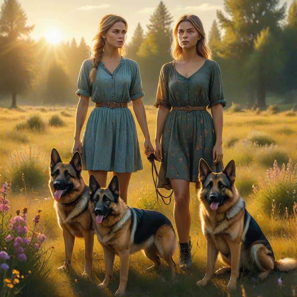 Woman With German Shepherds in Sunlit Meadow