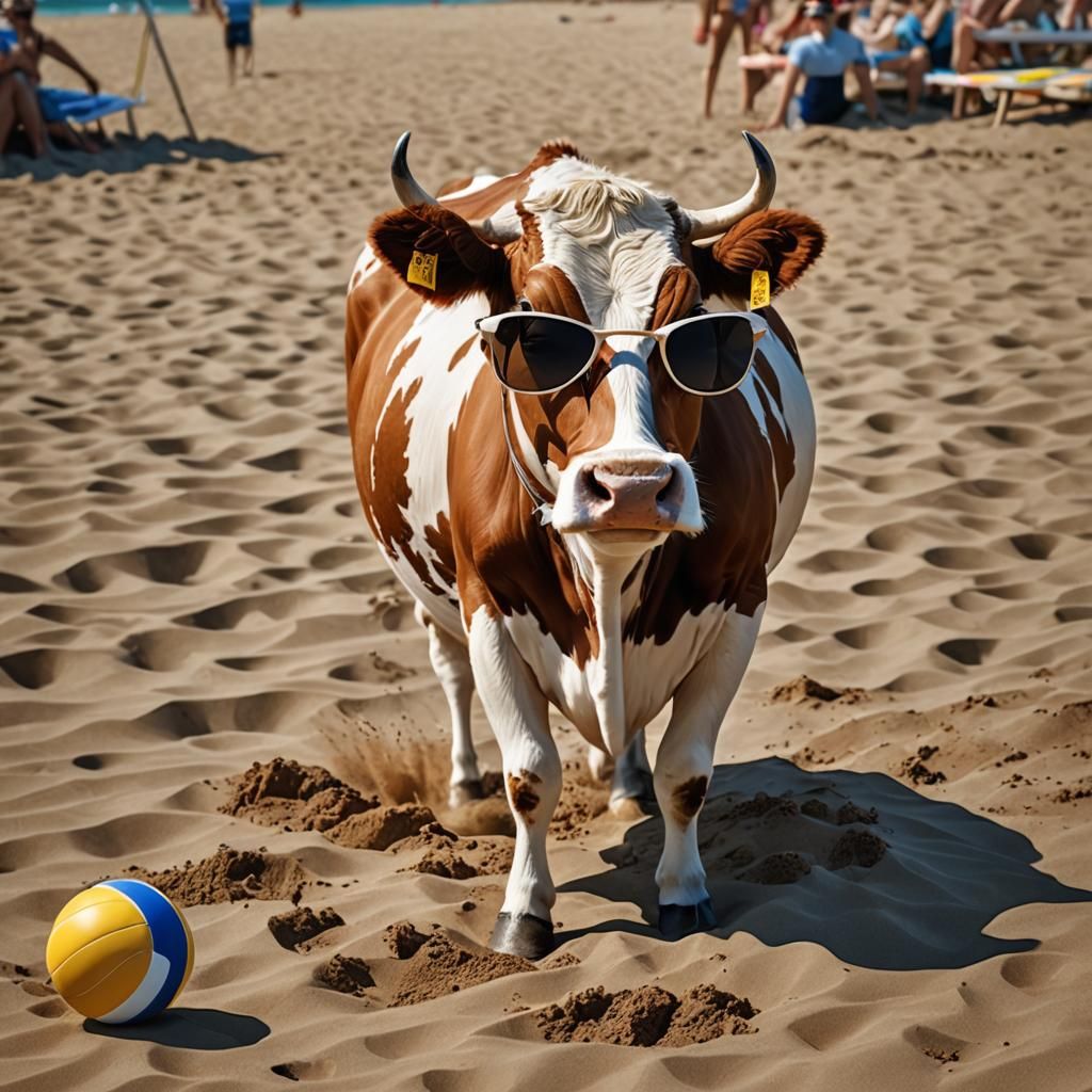Cow in Sunglasses Plays Beach Volleyball