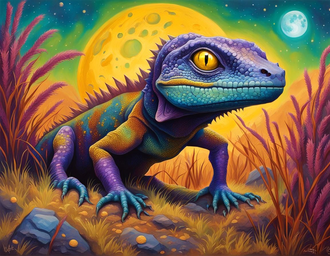 Blue Scaled Alien Runs Across Rocky Landscape