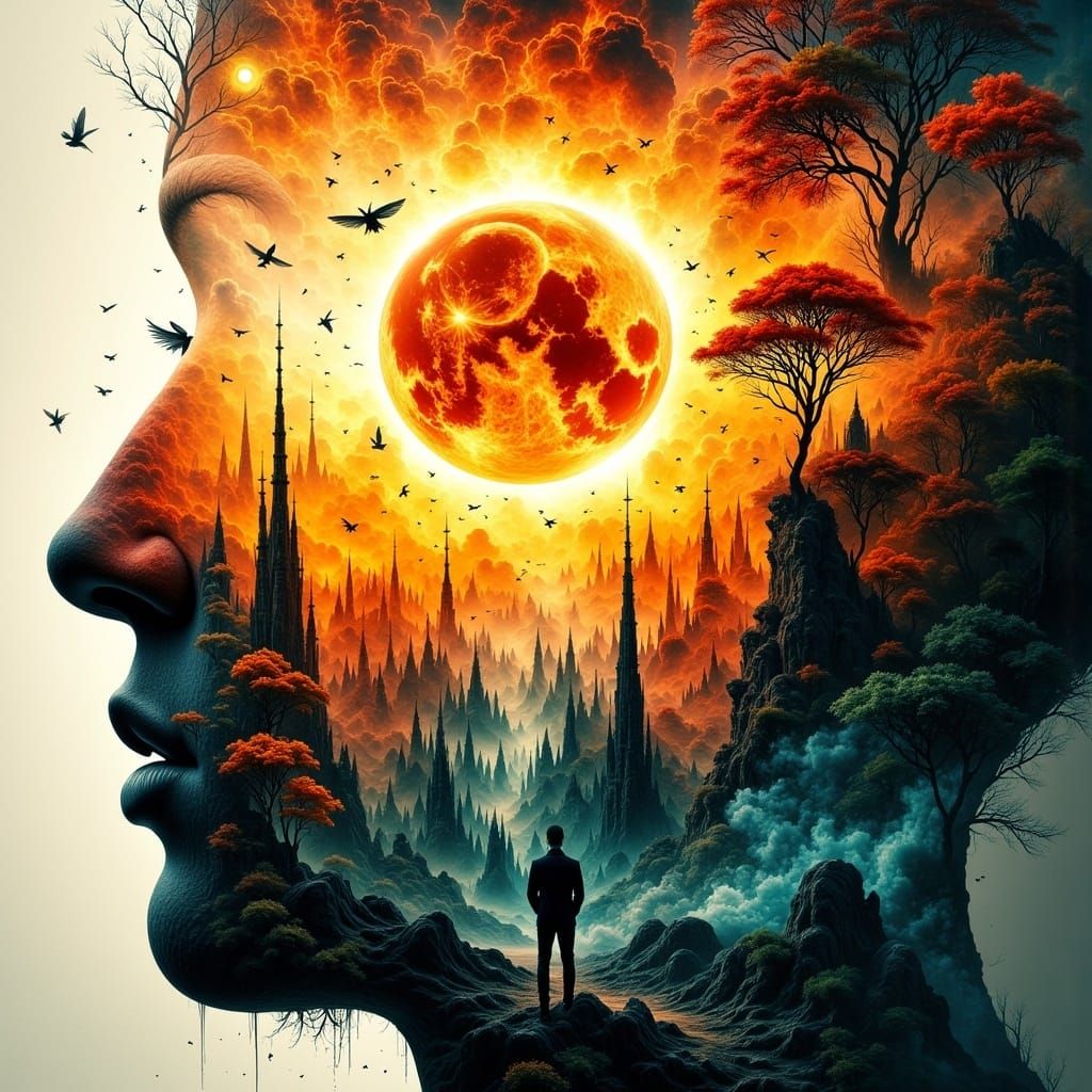 Surreal Double Exposure: Sun and Crescent Moon