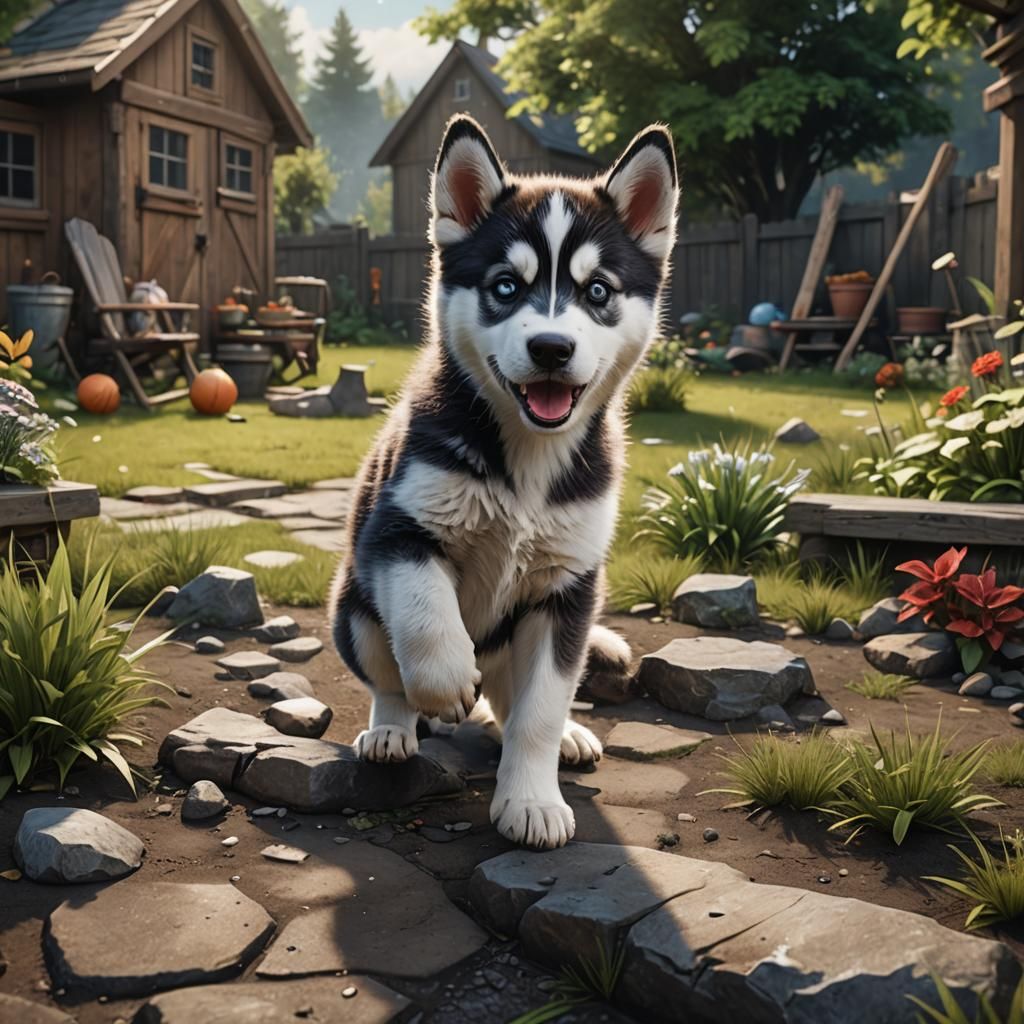 Husky Puppy Playing: Detailed Matte Painting