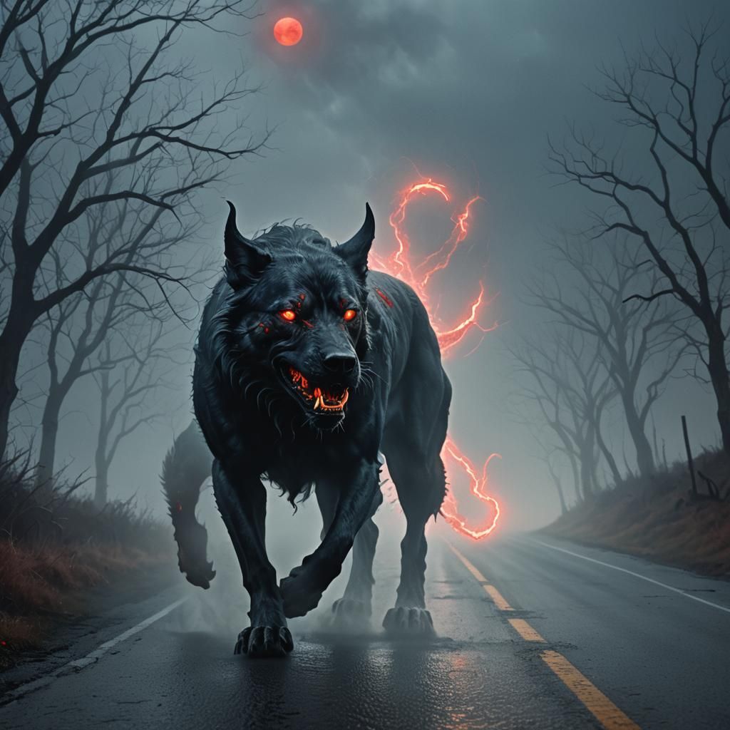 Hellhound with Glowing Eyes in Ominous Fog, Dark Fantasy Art