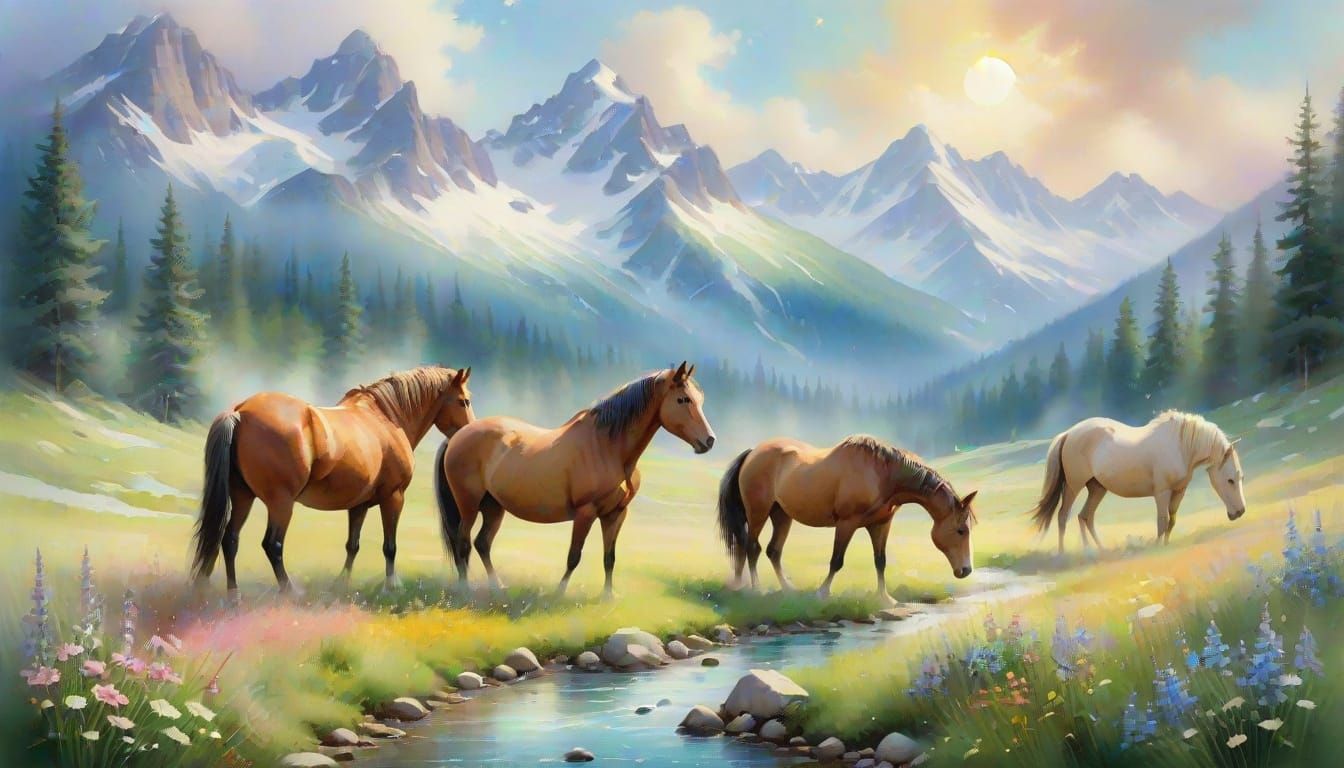Dreamy Alpine Landscape with Grazing Horses