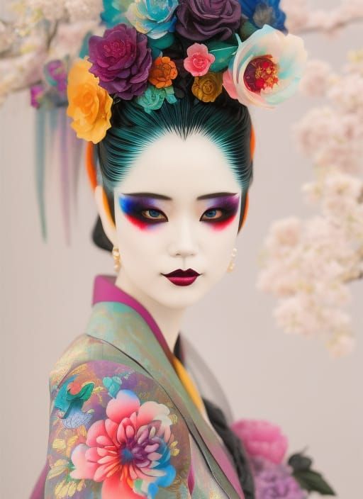 Ethereal Geisha in Colorful Watercolor Style