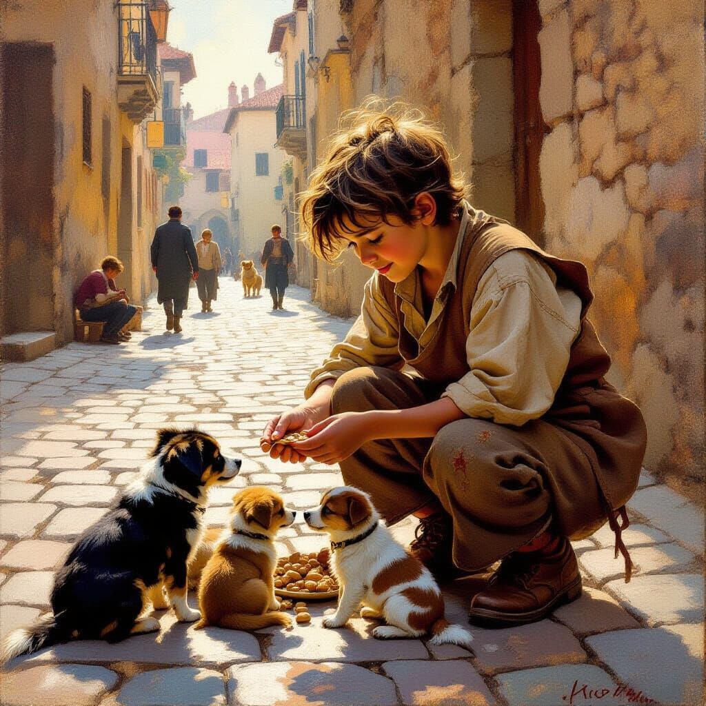 Street Urchin Tends Stray Dogs in Golden Light