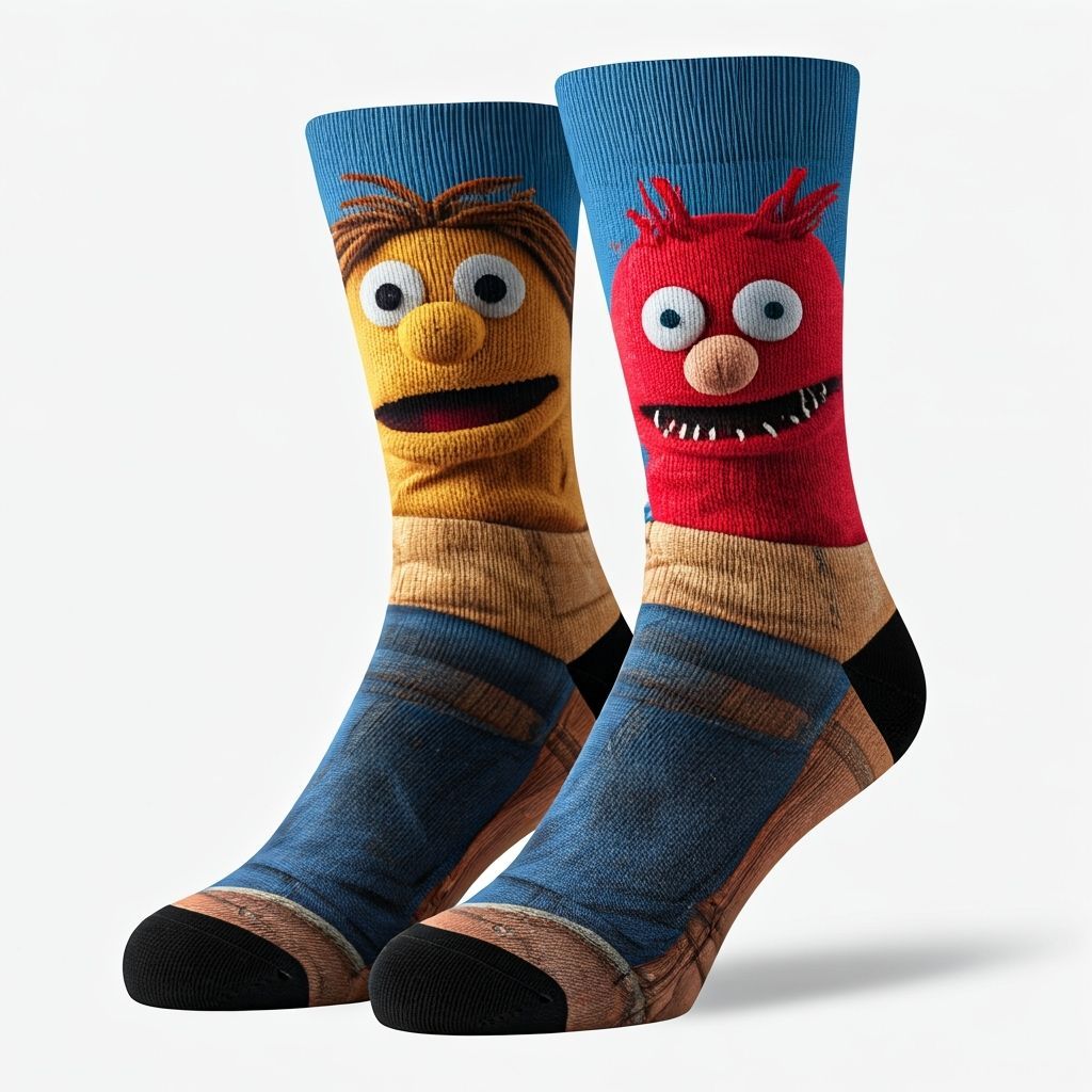 Whimsical Sock Puppet Character Prints on Casual Socks