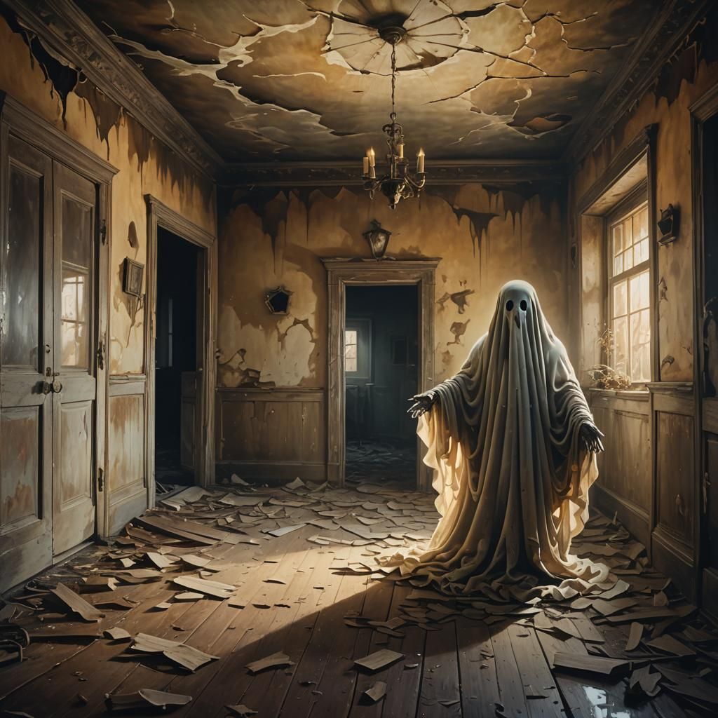 Ethereal Ghost in Abandoned House: Surreal Oil Painting