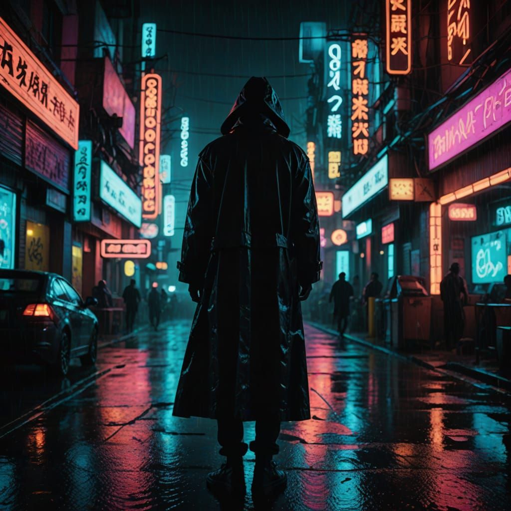 Cyberpunk City Night Scene with Neon and Faceless Figure