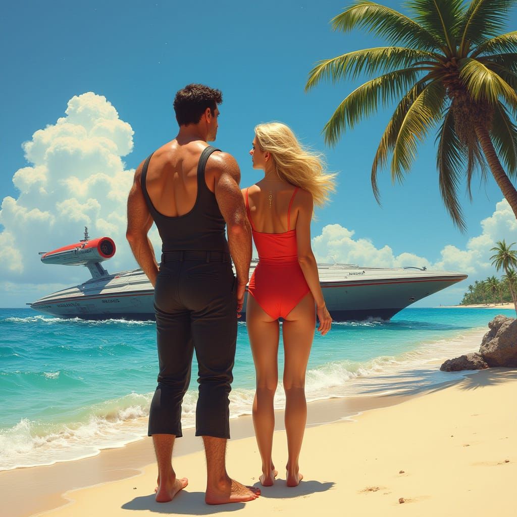 Captain Chakotay and Captain Janeway in Vibrant Red Swim Sui...