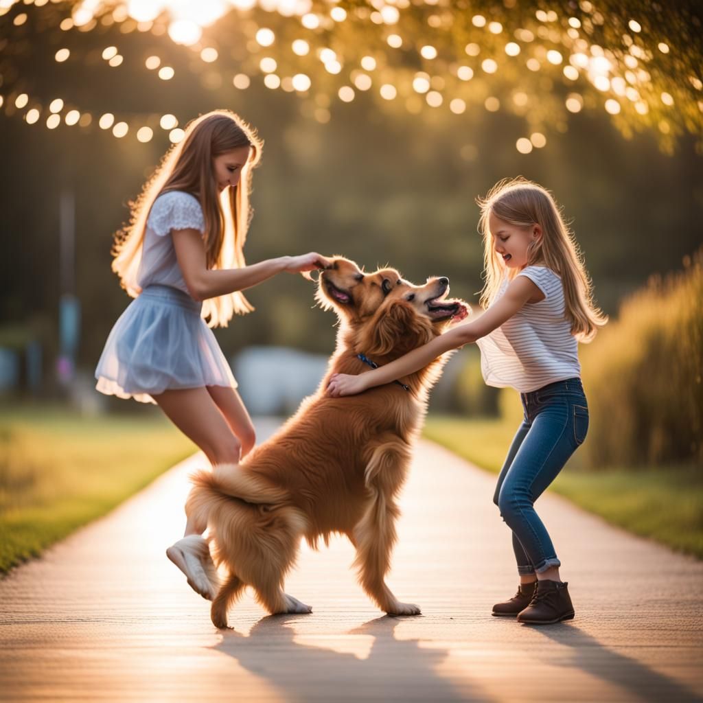 Girls Dancing with Dog in Natural Lighting