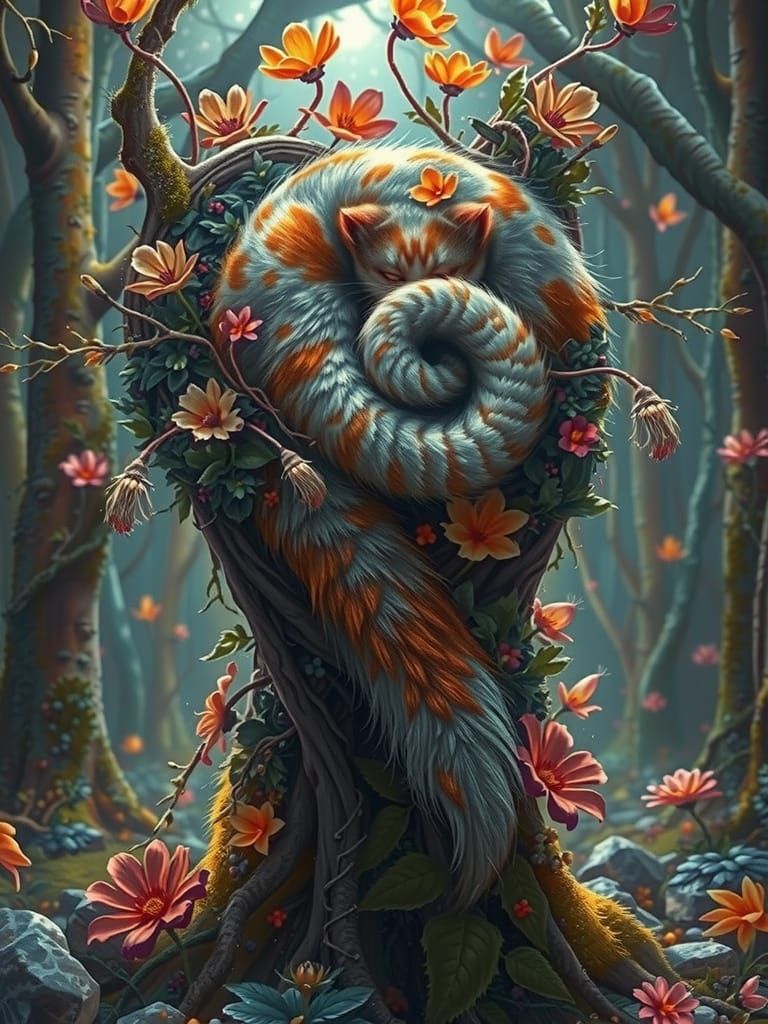 Enchanted Whimsical Cat in Vibrant Forest Dreamscape